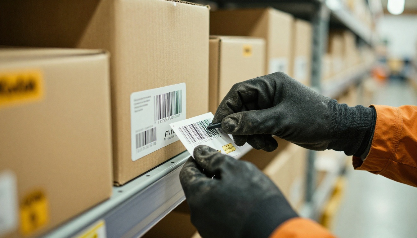 Close-up of a barcode label being scanned on warehouse shelving Close-up of a barcode label being scanned on warehouse shelving
