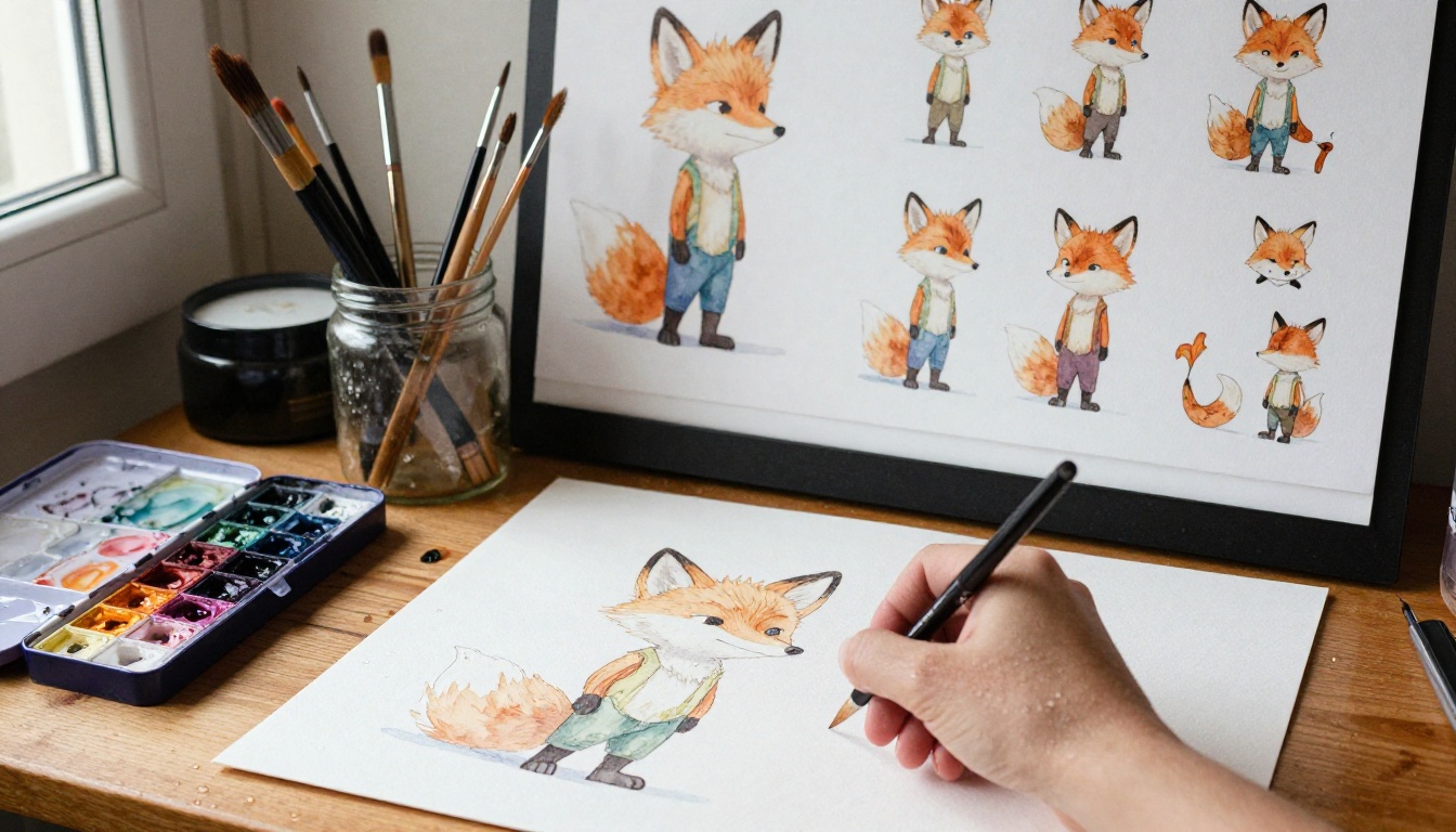 Illustrator's desk with a watercolor fox and character reference sheet Illustrator's desk with a watercolor fox and character reference sheet