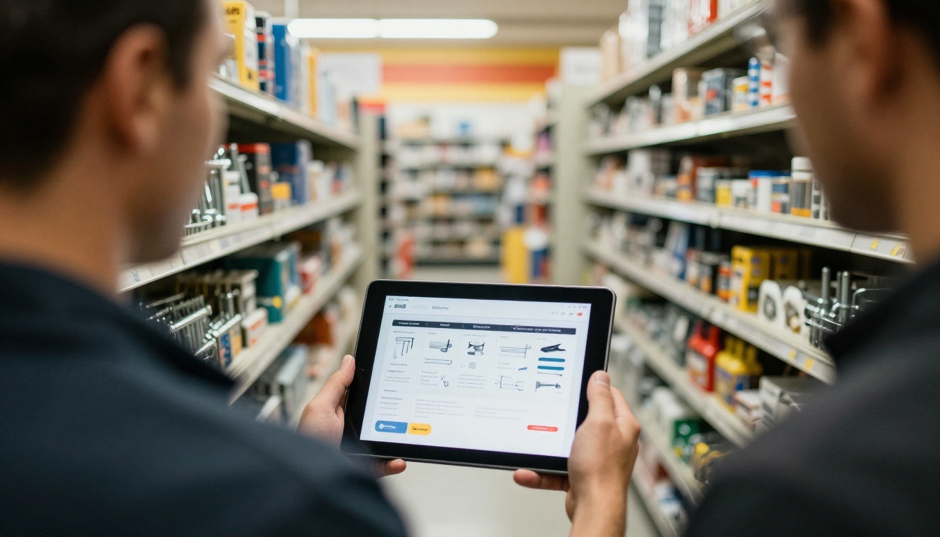 Sales rep holding a tablet with a product catalog in a distributor aisle Sales rep holding a tablet with a product catalog in a distributor aisle