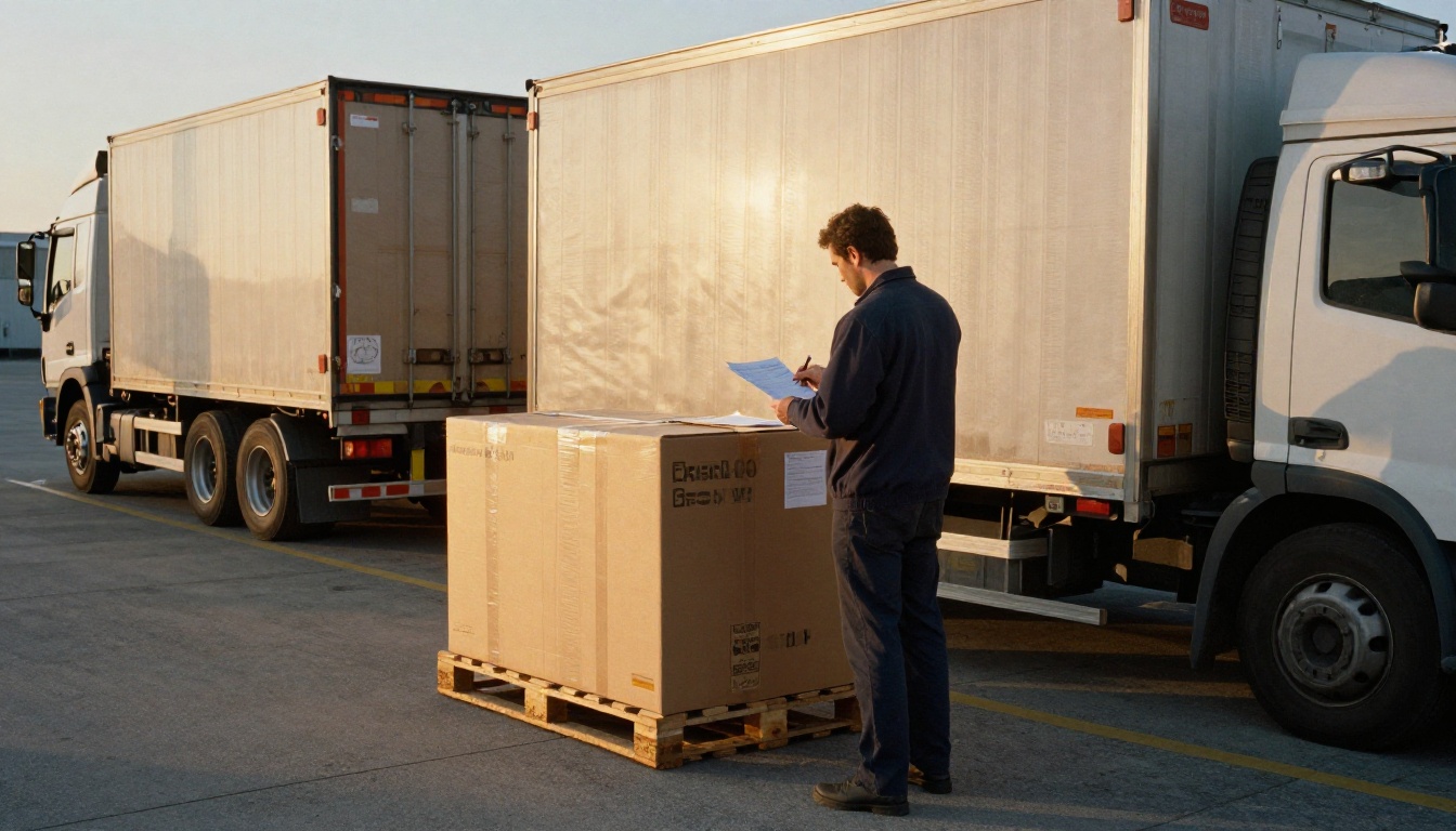 Purchasing manager checking an invoice against a delivery at a loading dock Purchasing manager checking an invoice against a delivery at a loading dock