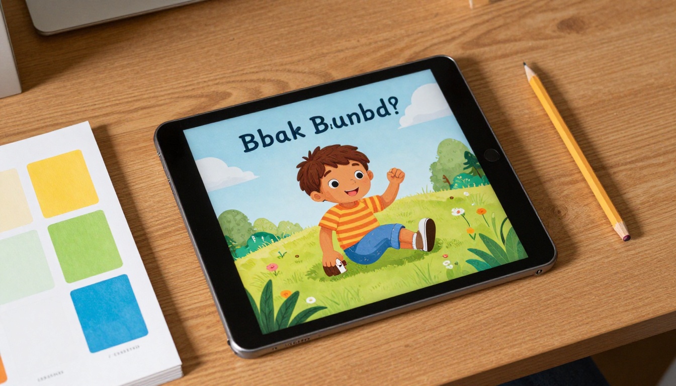 Tablet previewing a children's book front page Tablet previewing a children's book front page