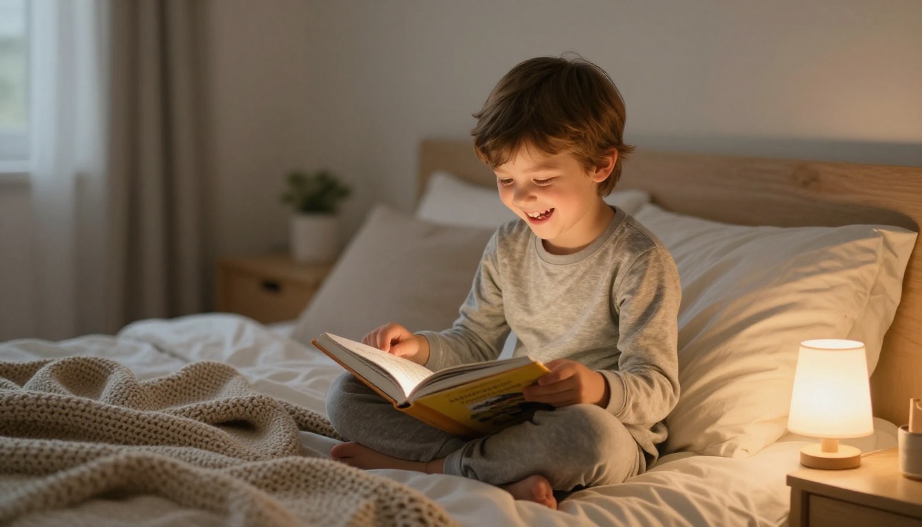 Child laughing at a picture book in bed Child laughing at a picture book in bed