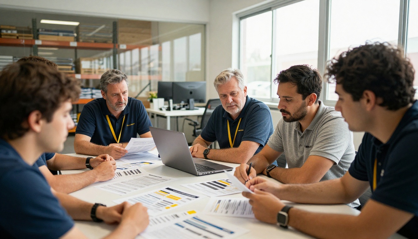 Distributor team reviewing printouts and a laptop around an office table Distributor team reviewing printouts and a laptop around an office table
