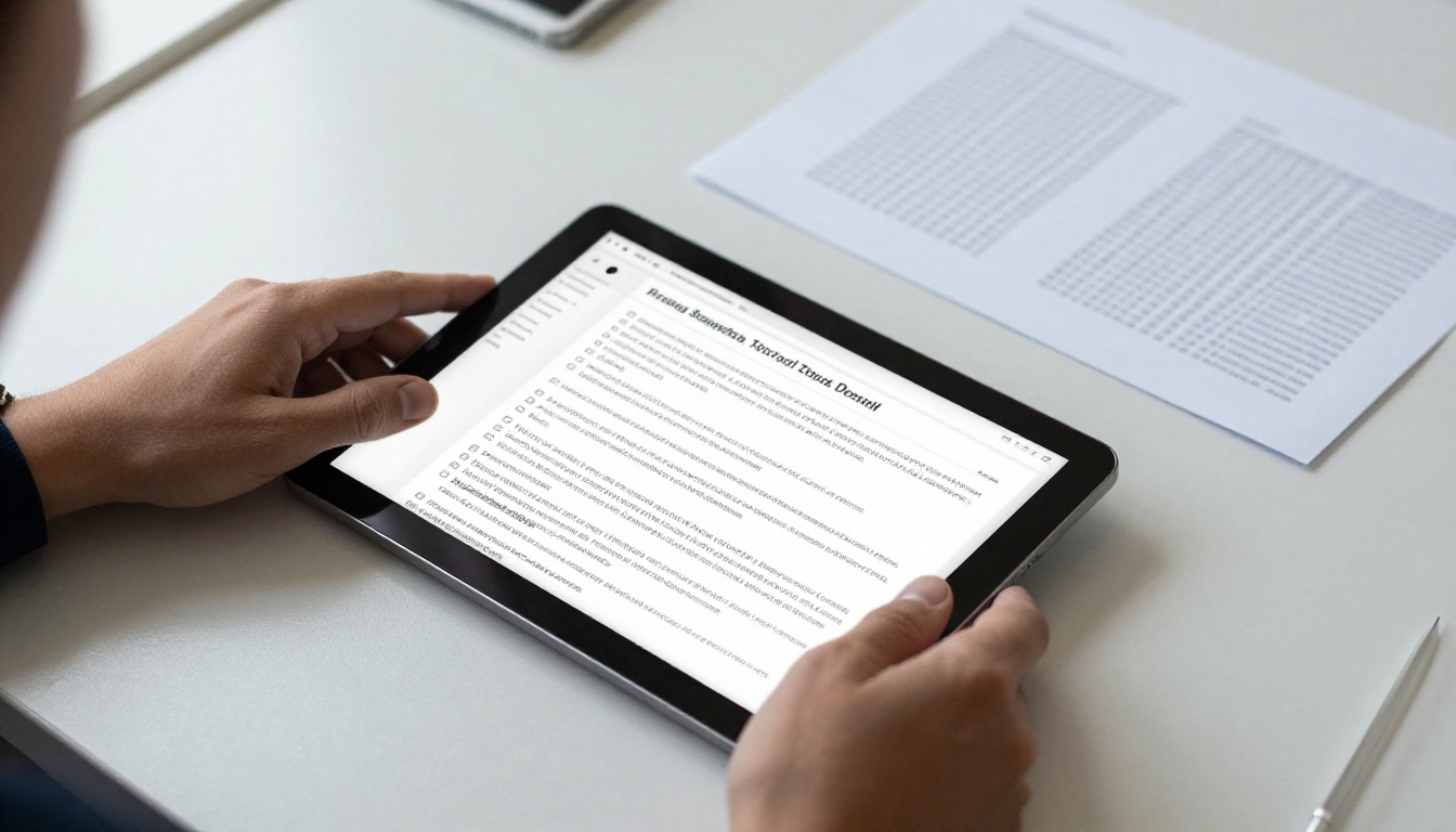 Recruiter's hands scrolling a tablet with a cluttered portfolio beside a printed one