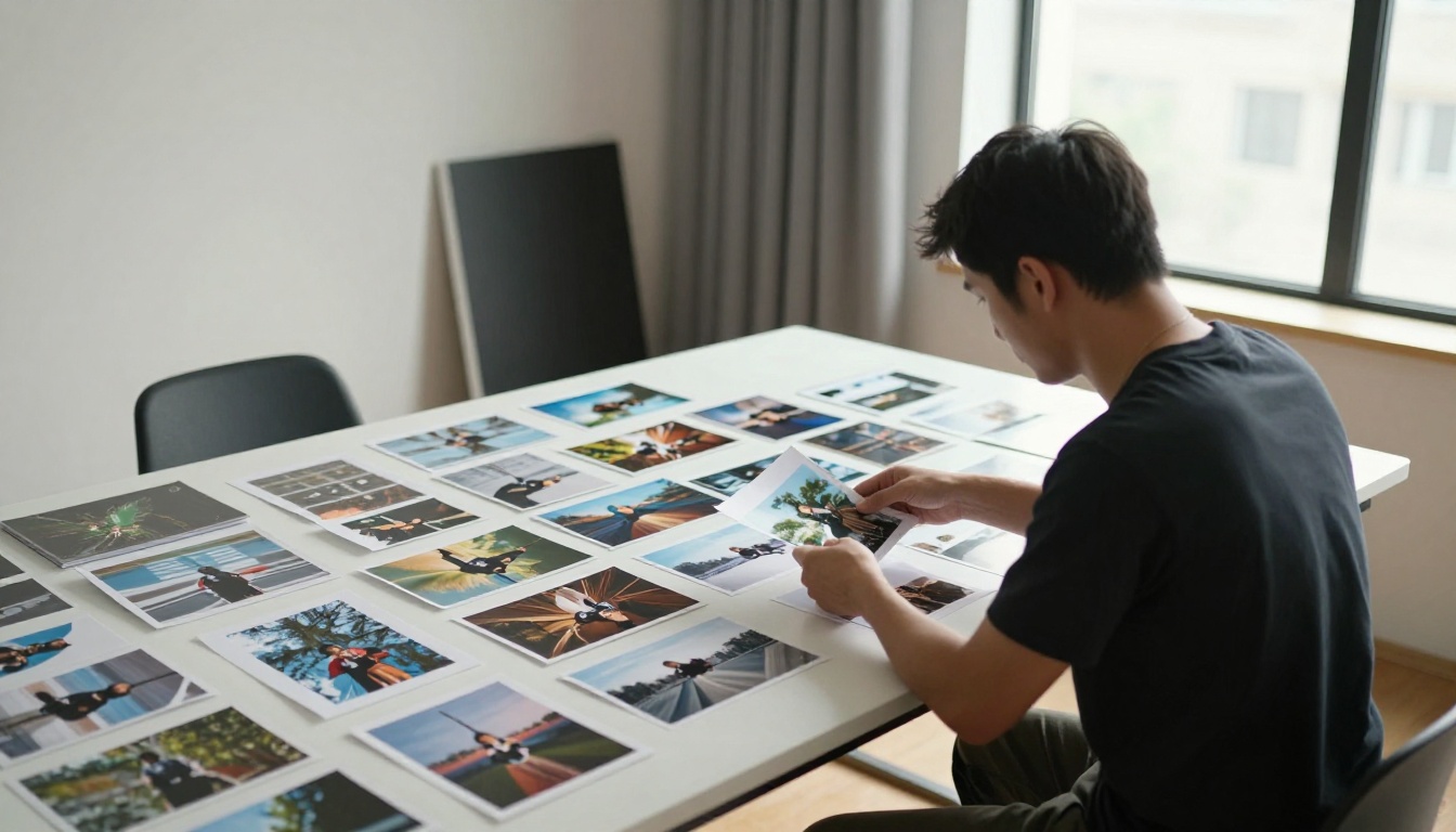 Photographer selecting a few best prints from many spread on a table