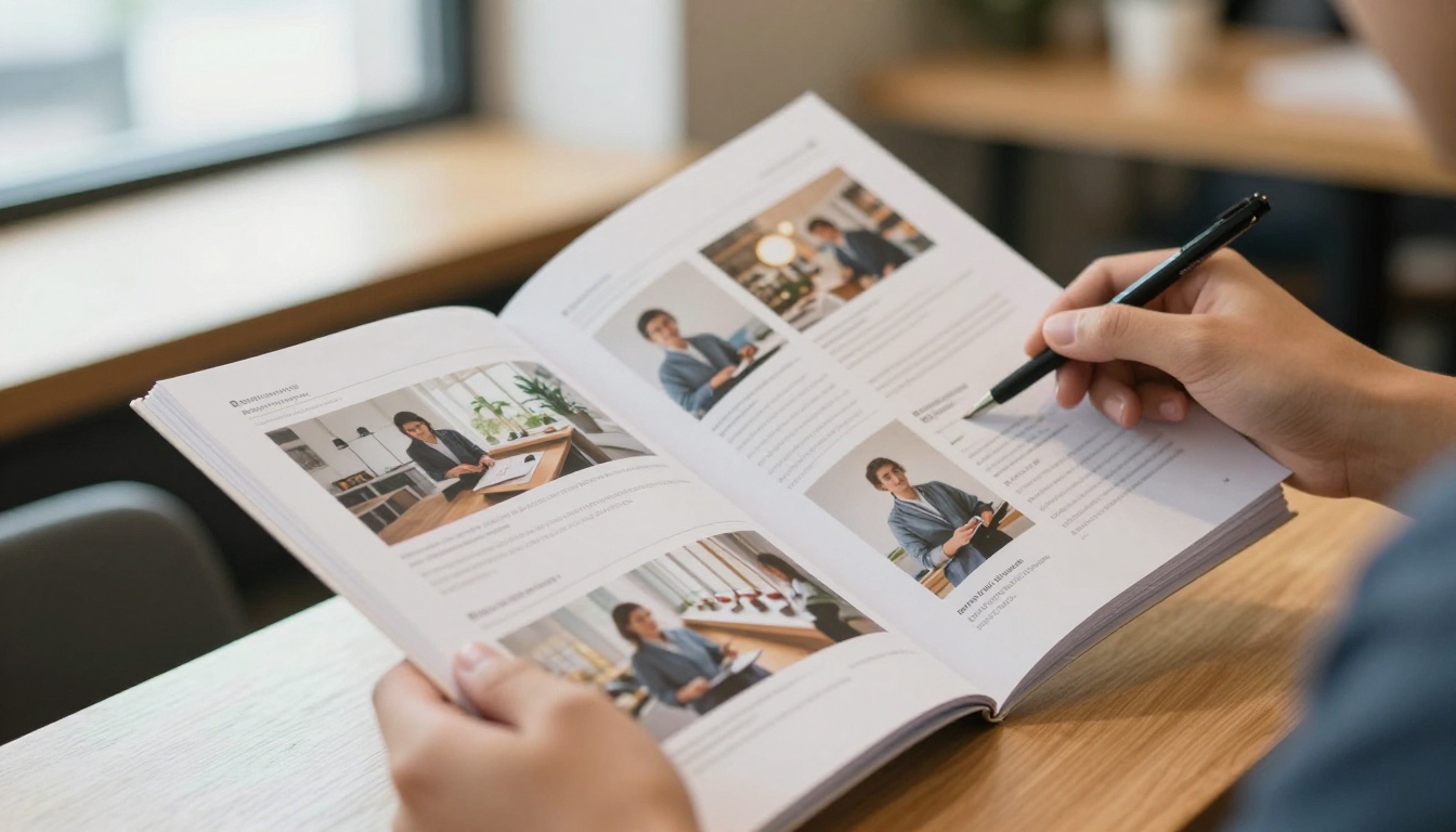 Hands holding a printed portfolio with a clean spacious layout