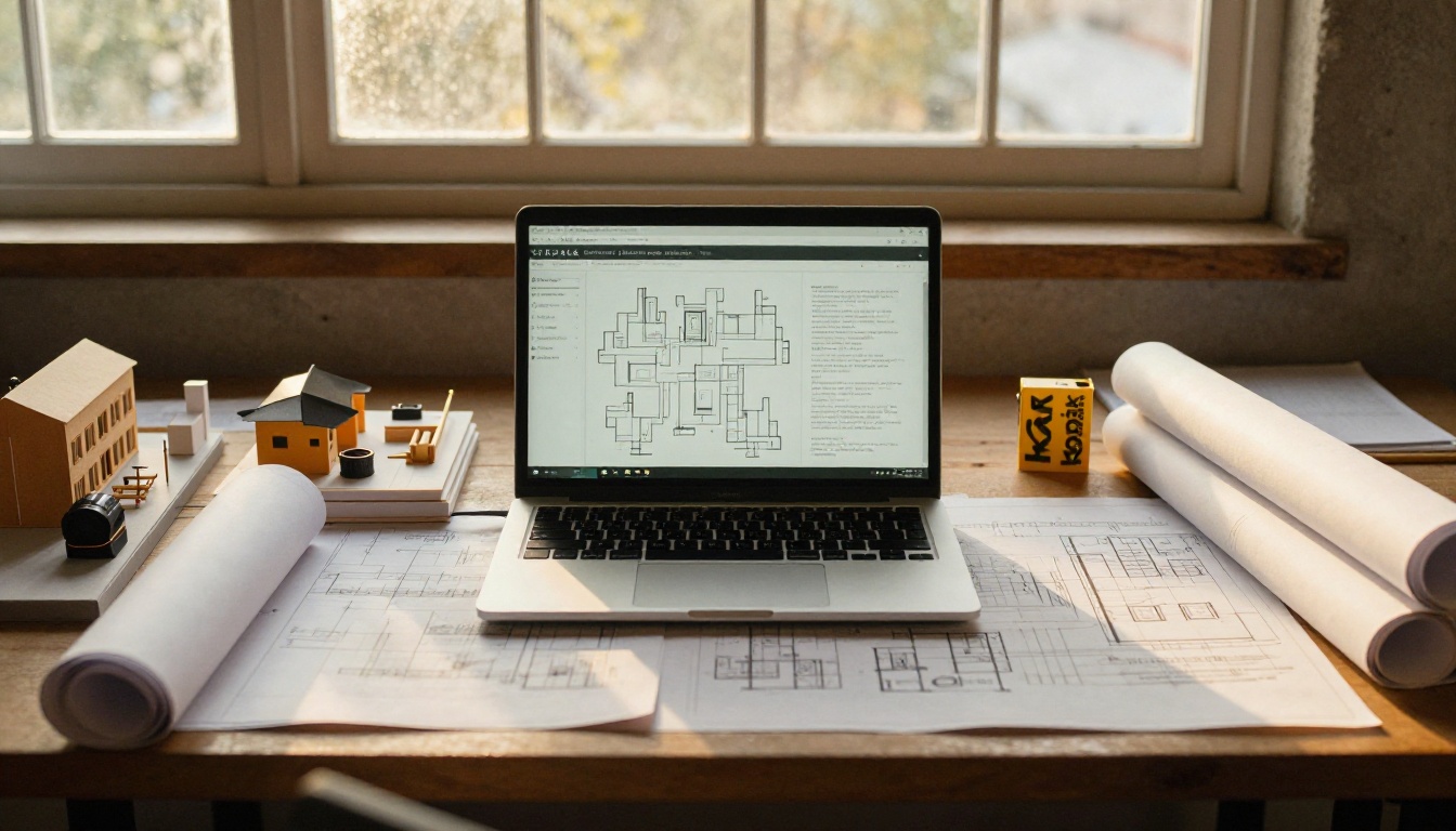 Architect reviewing a flipbook style portfolio on a laptop in a studio