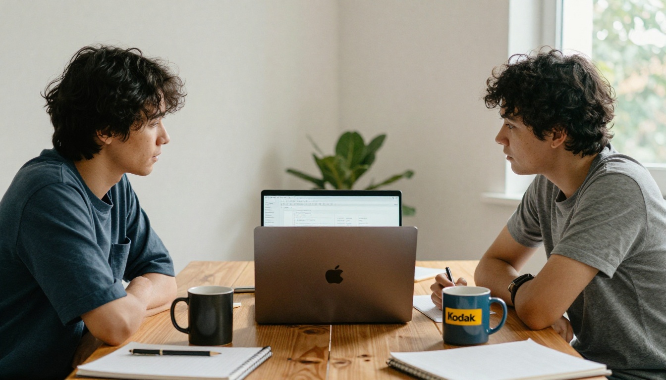Two colleagues comparing an organized portfolio and a messy one on a laptop