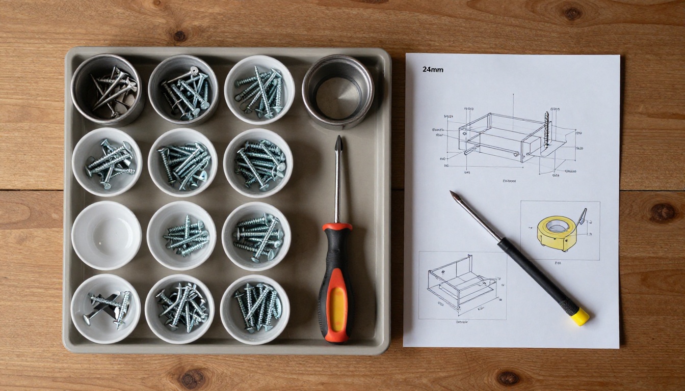 A tidy parts layout with sorted screws and a clean assembly sheet