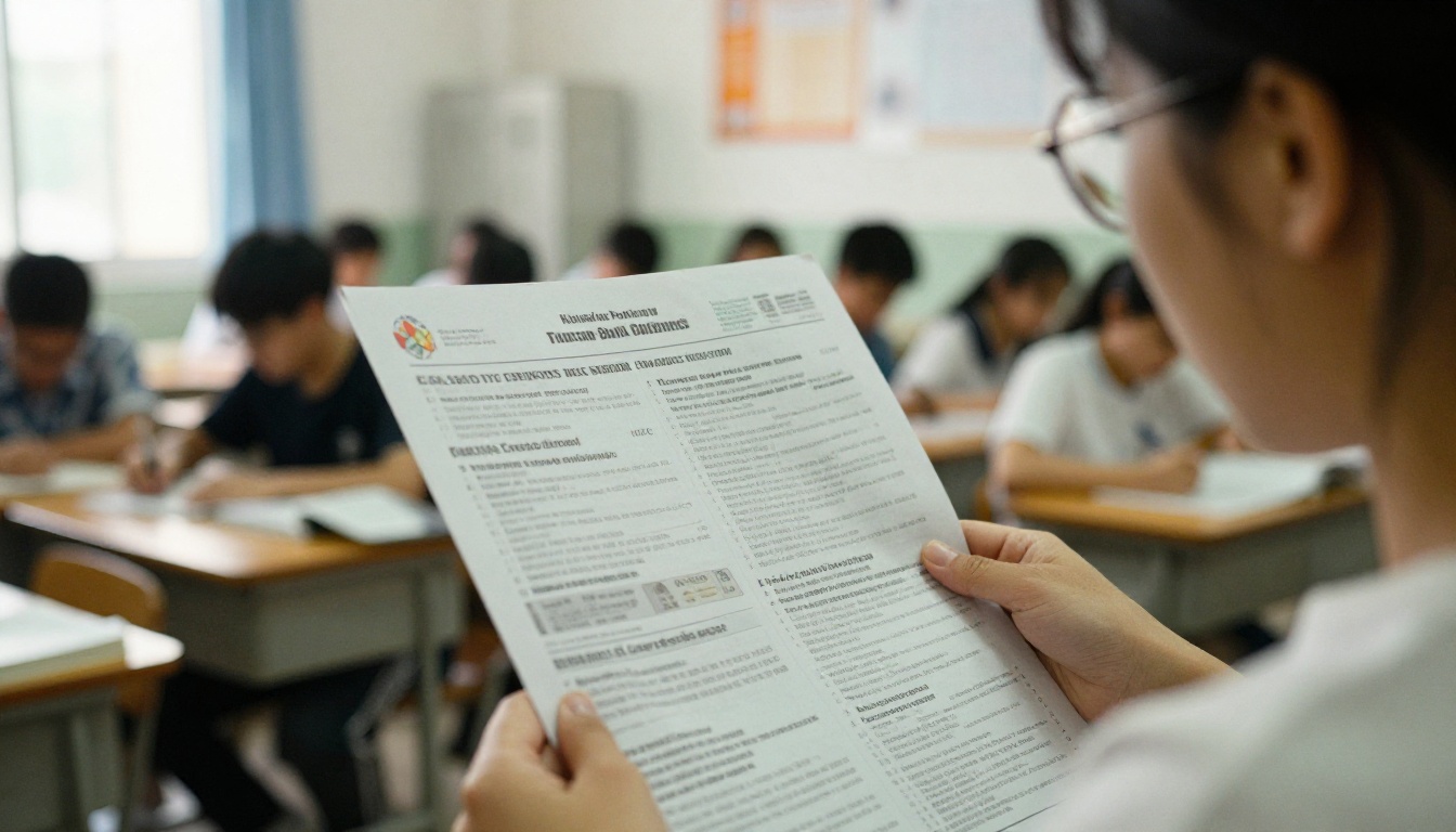 A teacher quickly scanning a newsletter in a school hallway A teacher quickly scanning a newsletter in a school hallway