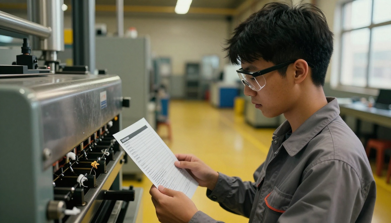 A technician reading a laminated instruction card beside a packaging machine