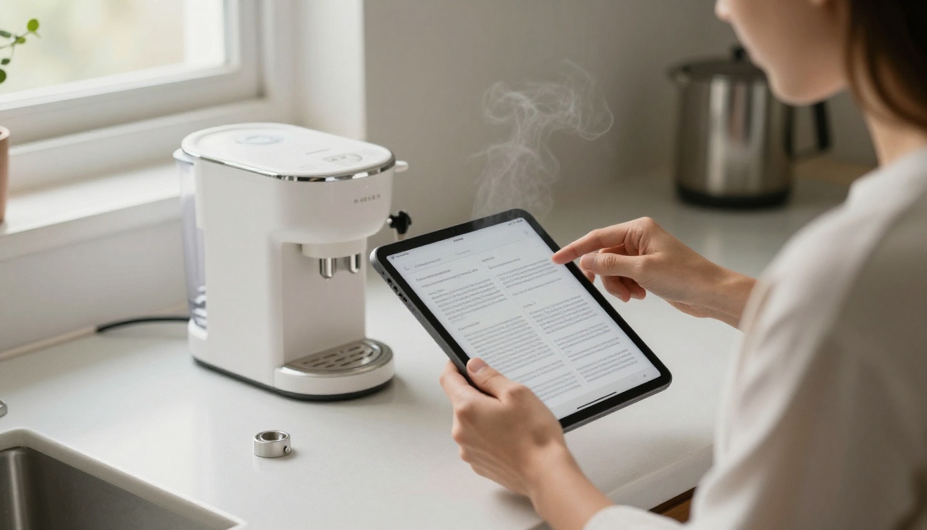 A woman following a digital booklet on a tablet while assembling a coffee machine