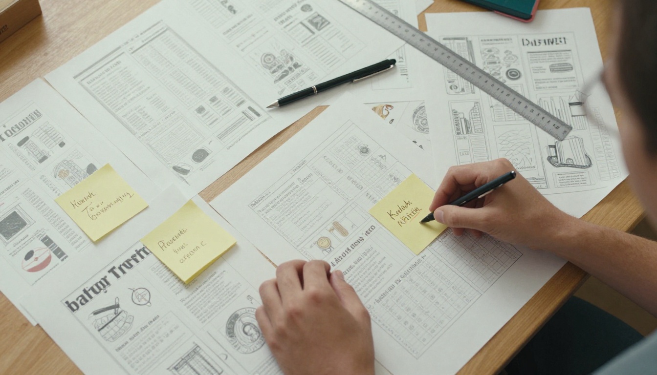 Overhead view of newsletter layout sketches and sticky notes on a table Overhead view of newsletter layout sketches and sticky notes on a table