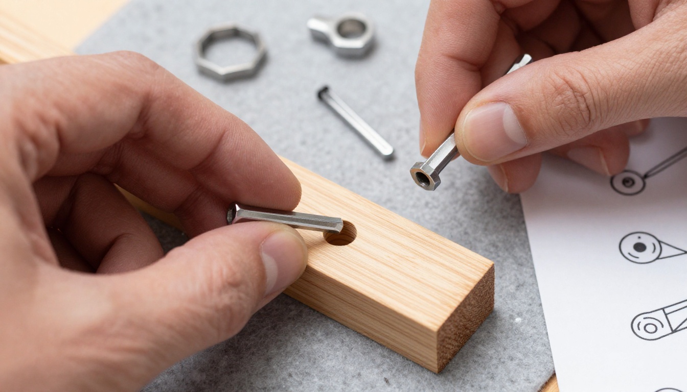 Hands holding a hex key and bracket over a shelf panel with a step card nearby