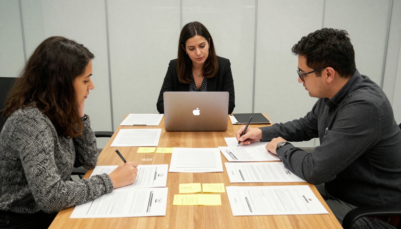 Three colleagues reviewing printed manual drafts around a conference table