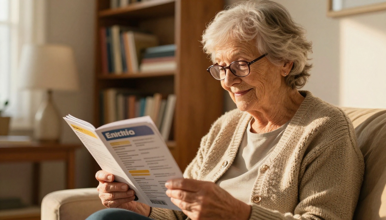 An elderly woman reading a large-print booklet in a sunlit living room