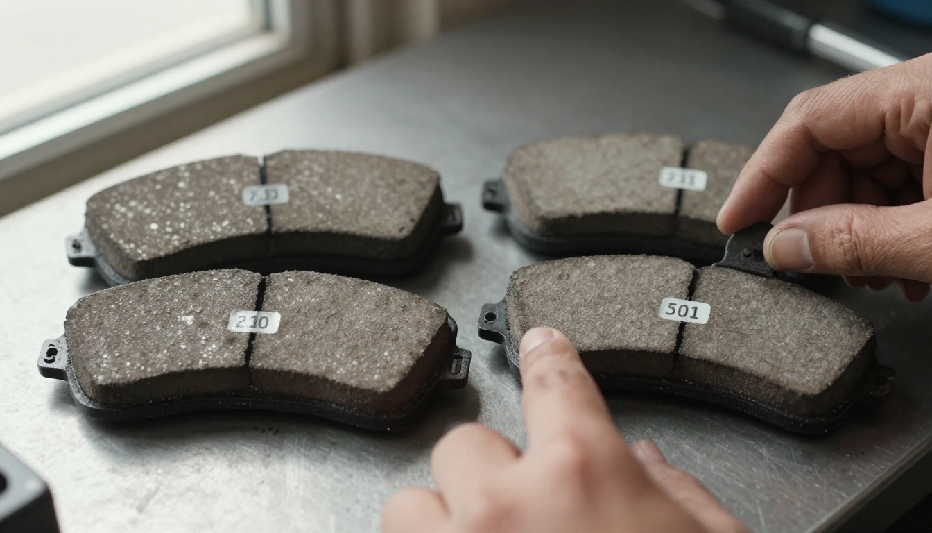 Two similar brake pad boxes with mismatched part number stickers on a workbench