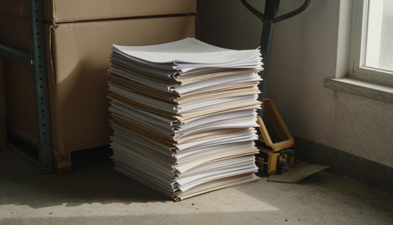 Stacks of old printed manuals gathering dust on a warehouse shelf