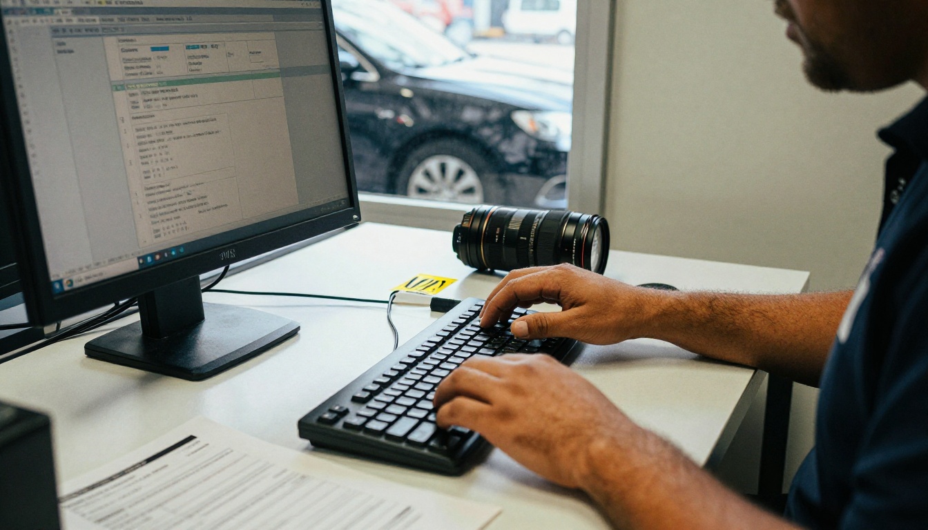 Service advisor entering a VIN at the repair shop front desk