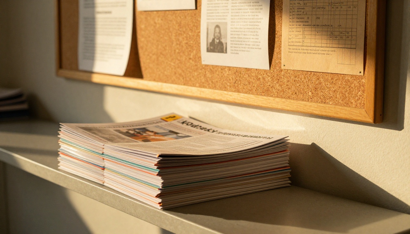 Stack of printed school newsletters beside a front office bulletin board Stack of printed school newsletters beside a front office bulletin board