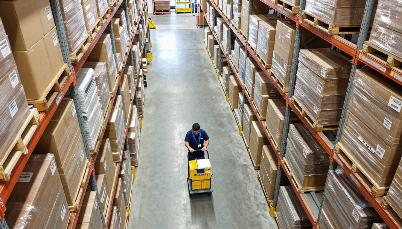 Aerial view of a parts warehouse aisle with labeled shelving