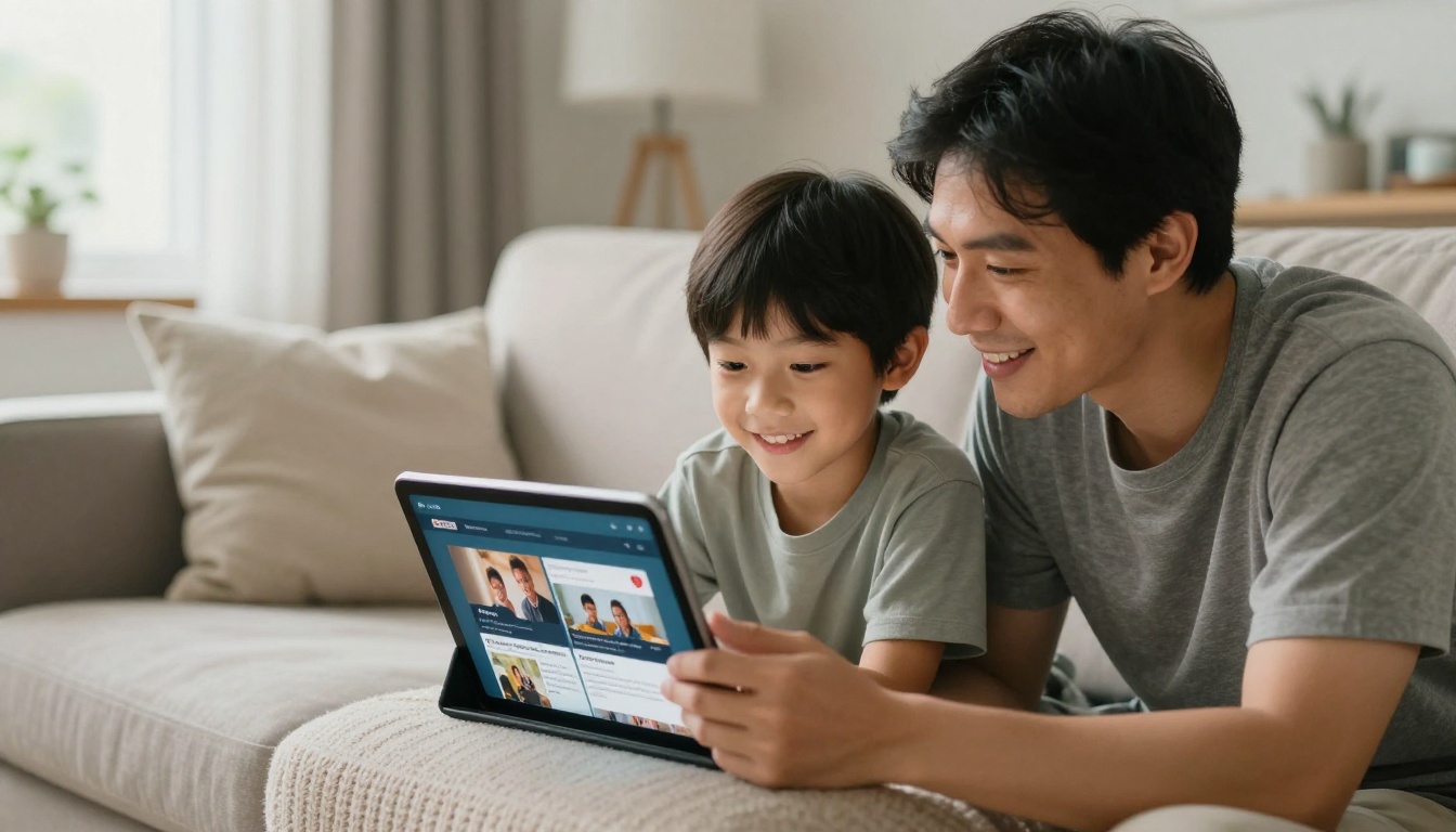 Parent and child viewing a digital flipbook newsletter on a tablet Parent and child viewing a digital flipbook newsletter on a tablet