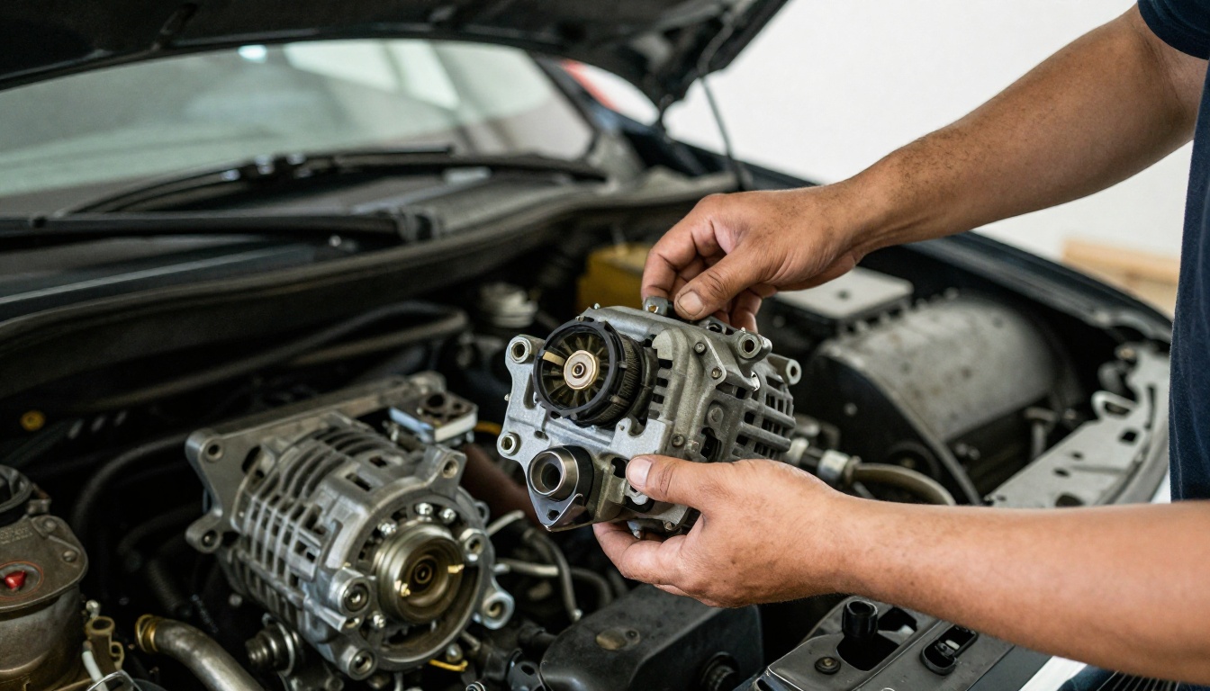 Mechanic comparing an old alternator against a new one under the hood