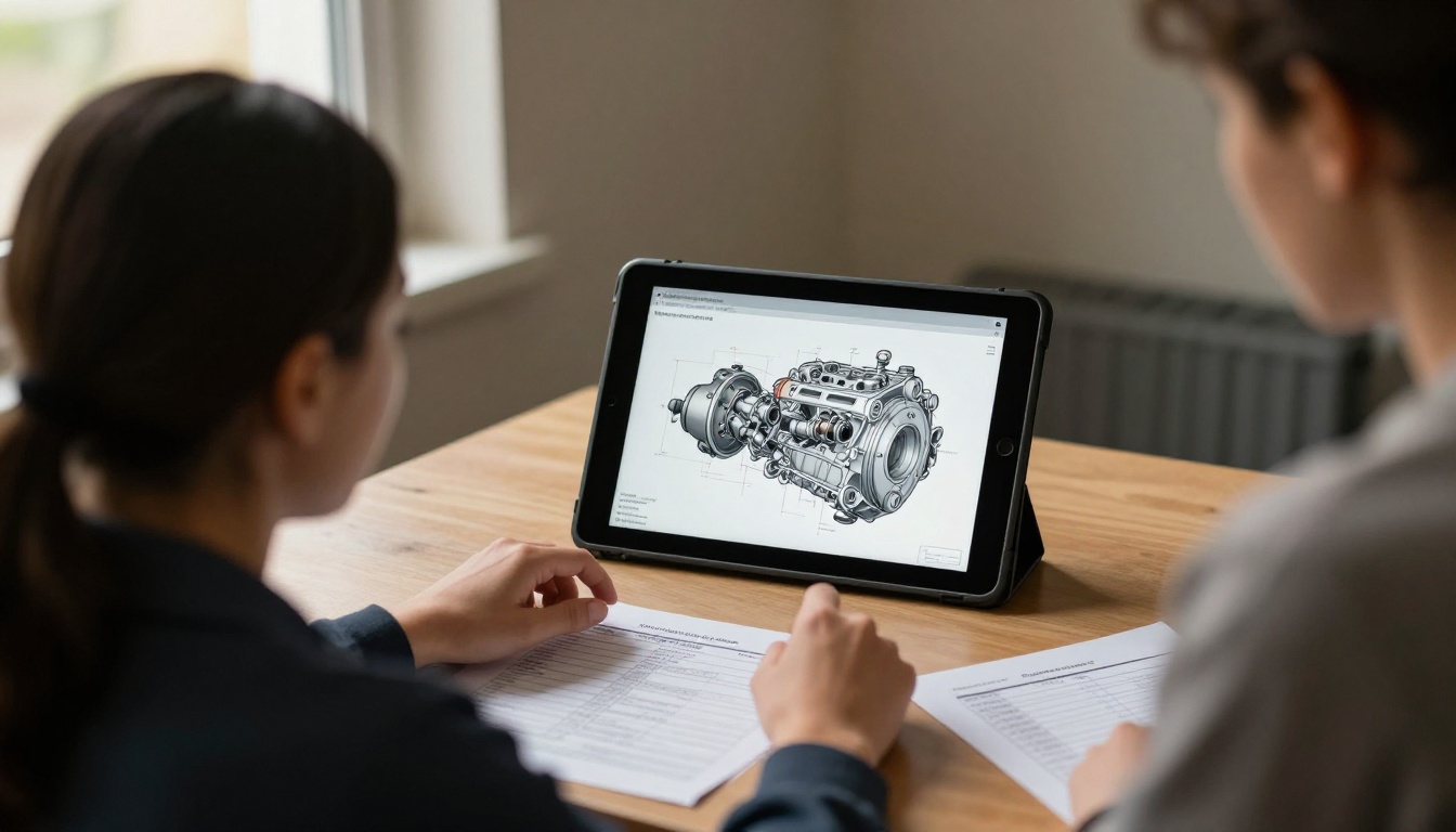 Parts counter employee scrolling an exploded-view diagram on a tablet
