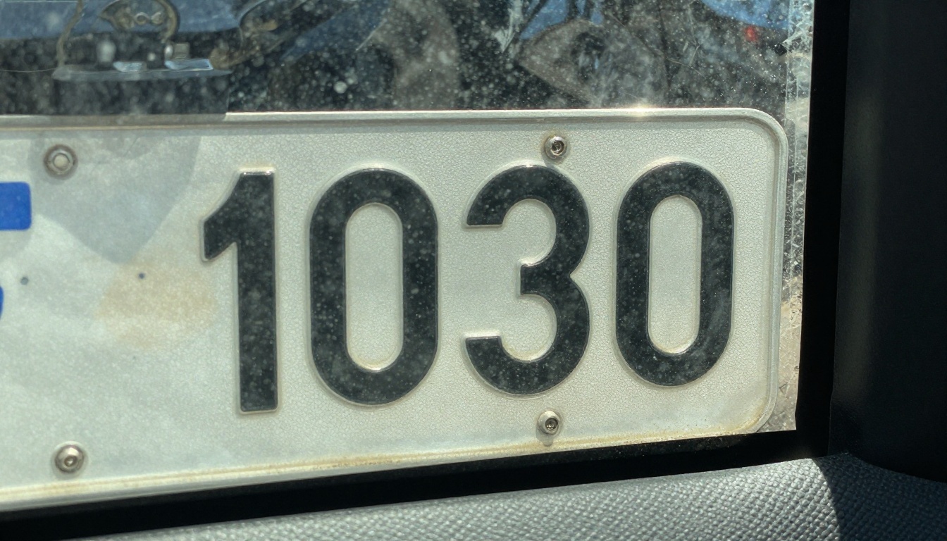 Close-up of a VIN plate seen through a windshield