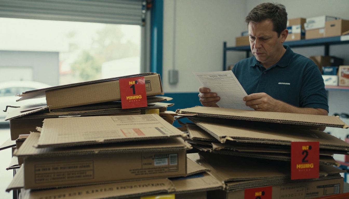 Returned boxed auto parts on a shelf with red return tags