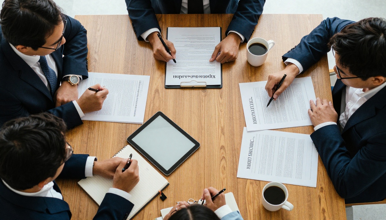Overhead view of colleagues comparing printed reports at a conference table Overhead view of colleagues comparing printed reports at a conference table