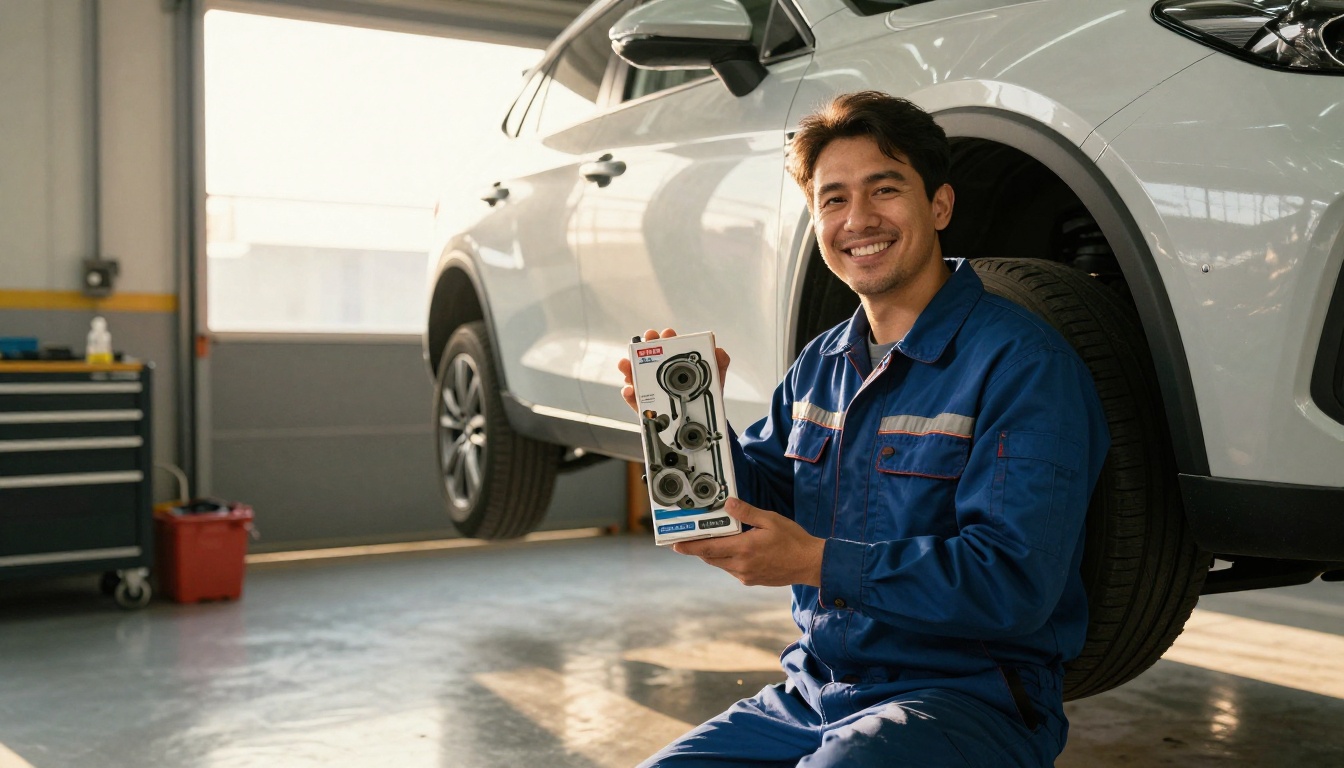 Smiling mechanic holding the correct part box next to a lifted car
