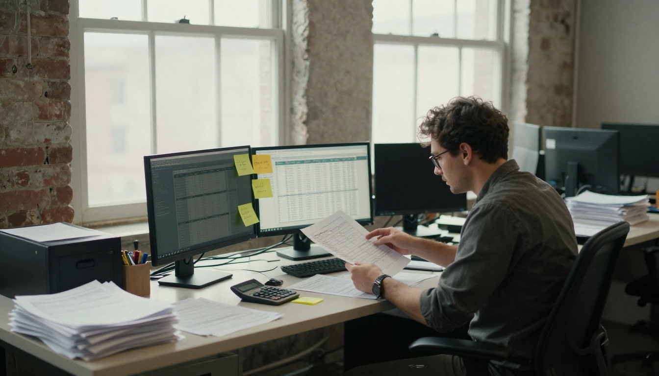 Analyst reviewing spreadsheet printouts at a standing desk Analyst reviewing spreadsheet printouts at a standing desk