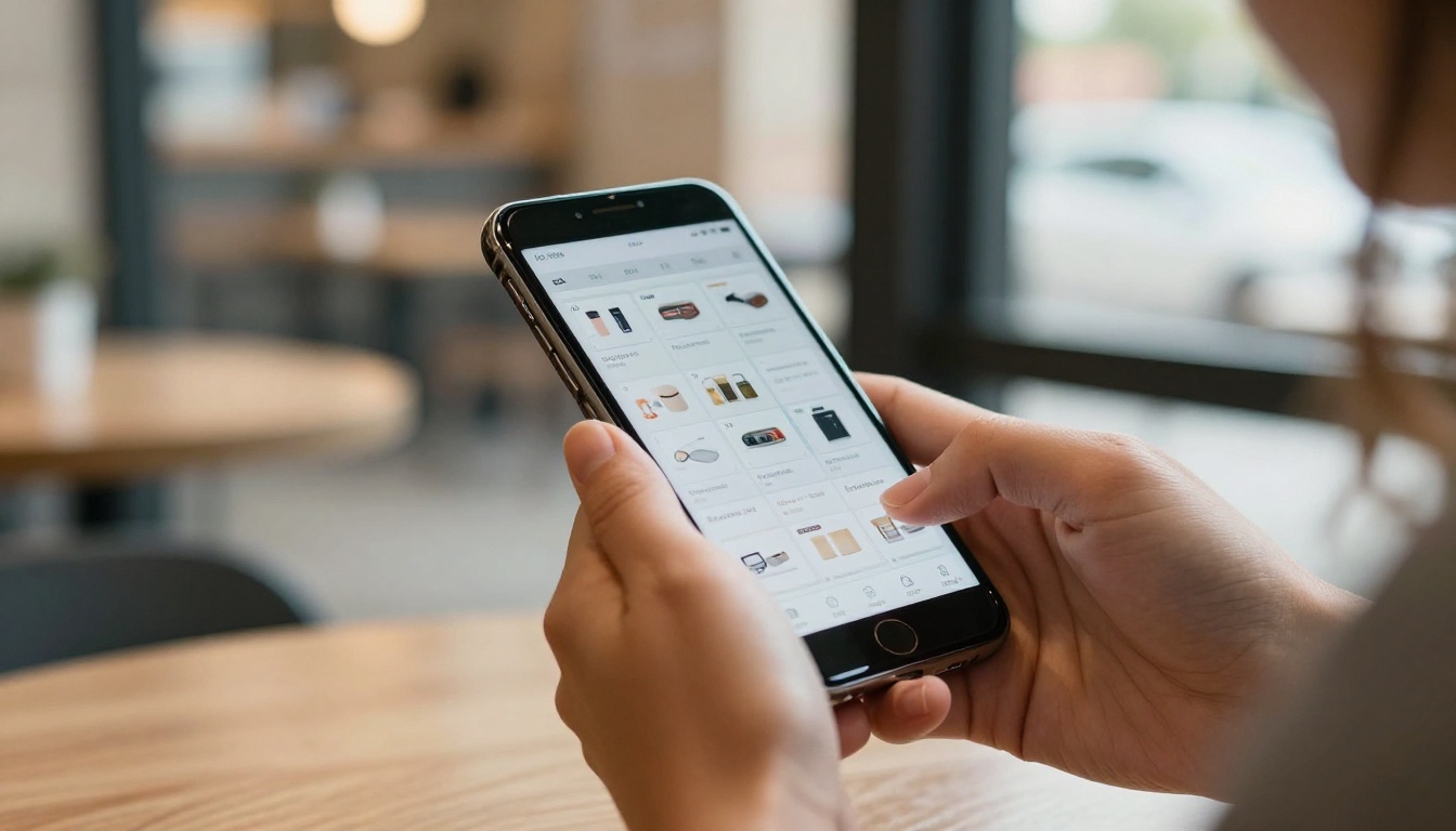 Hands scrolling a product catalog on a smartphone at a cafe Hands scrolling a product catalog on a smartphone at a cafe