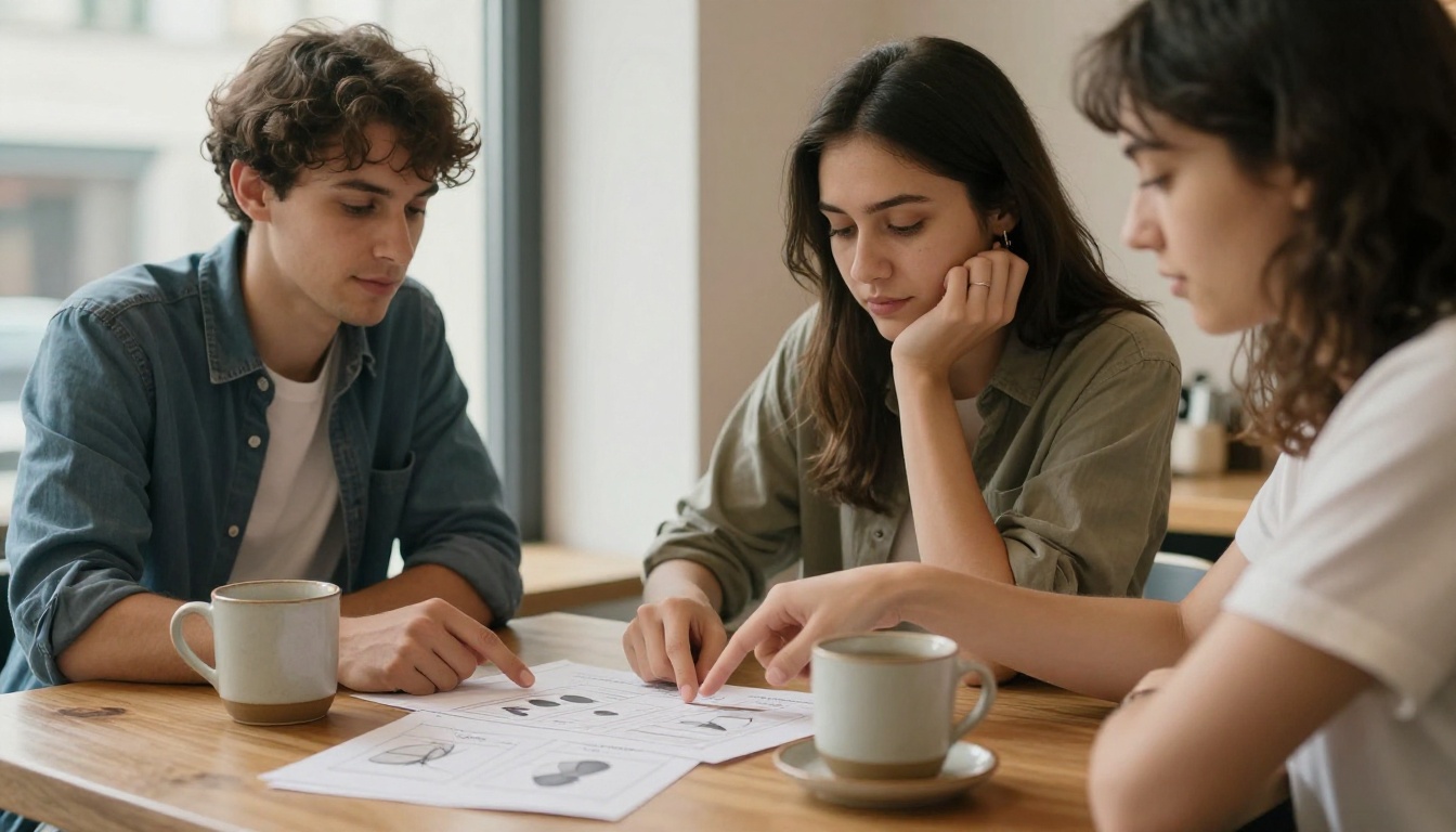 Colleagues discussing a before and after chart at a cafe table Colleagues discussing a before and after chart at a cafe table