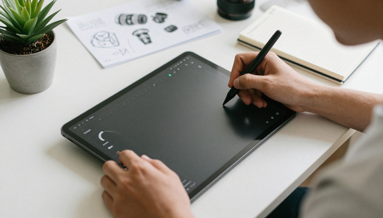 Designer arranging a digital brochure layout on a tablet Designer arranging a digital brochure layout on a tablet
