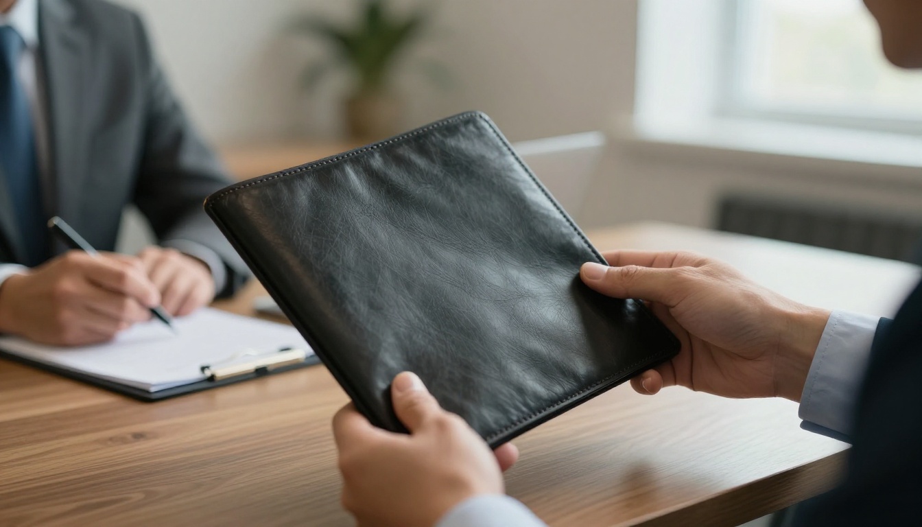 Sales representative handing a proof folder to a client Sales representative handing a proof folder to a client