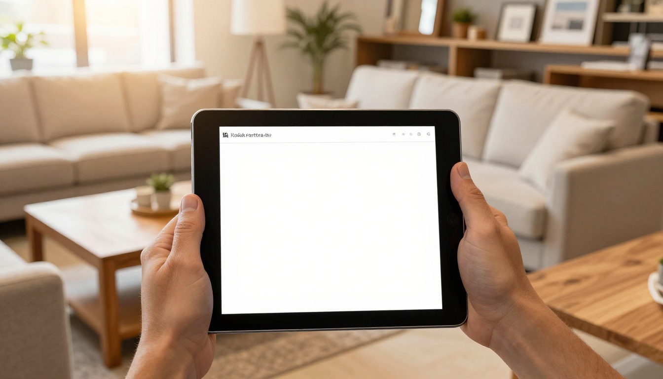 Furniture store owner holding a tablet in a bright showroom Furniture store owner holding a tablet in a bright showroom