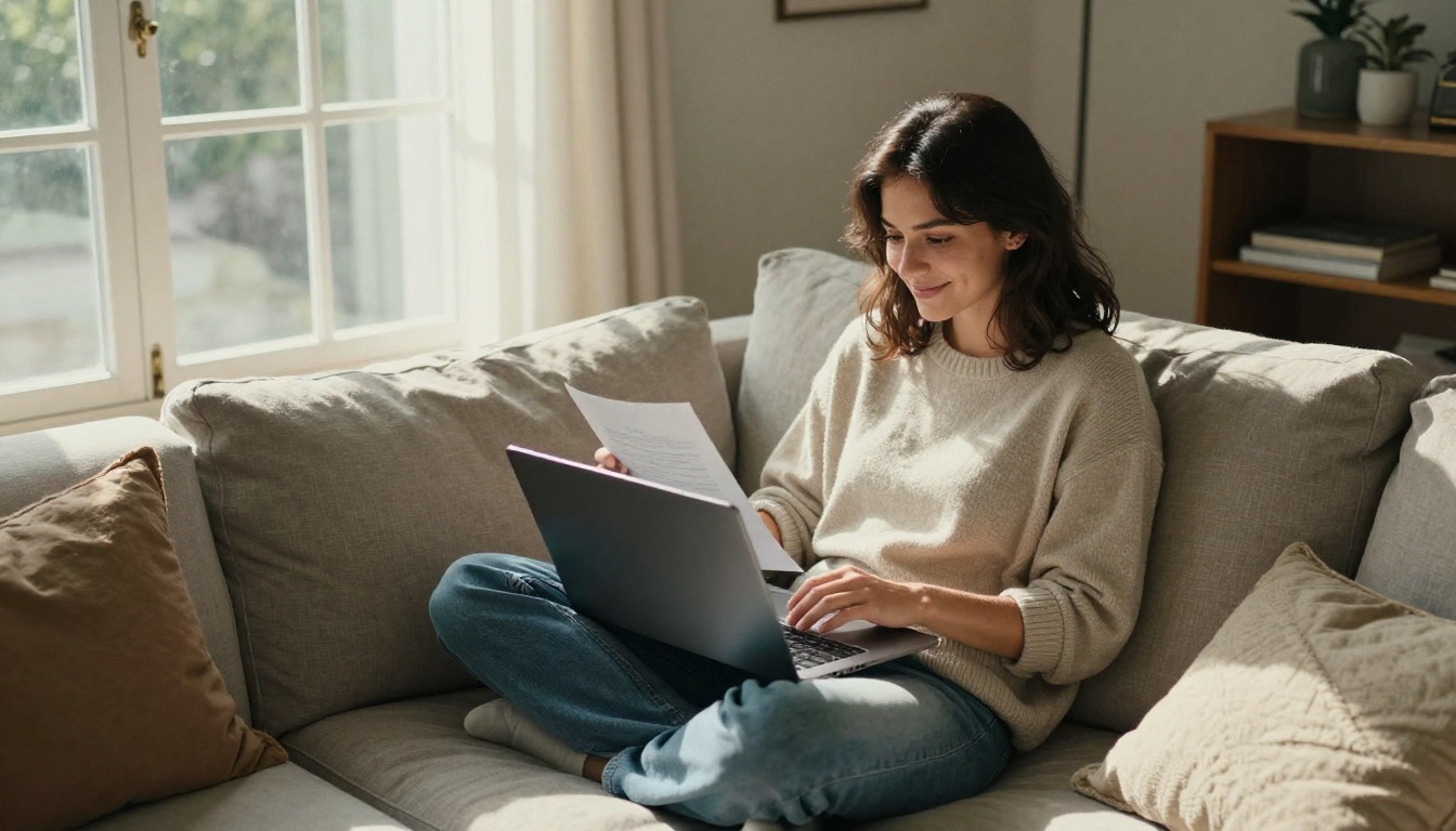 Founder reading a draft on a sofa with a laptop Founder reading a draft on a sofa with a laptop