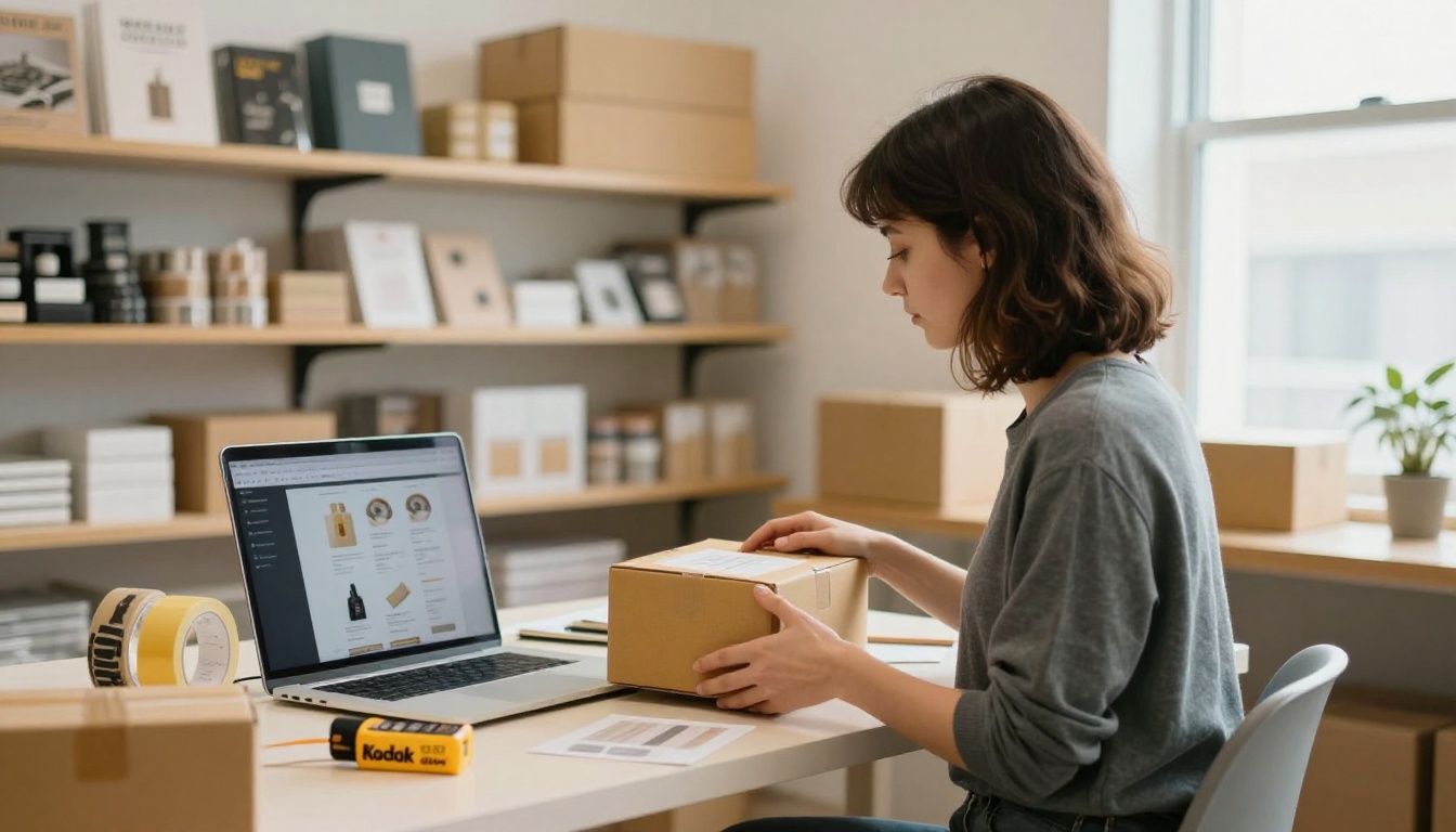 Small online shop packing area with a laptop showing a product page Small online shop packing area with a laptop showing a product page