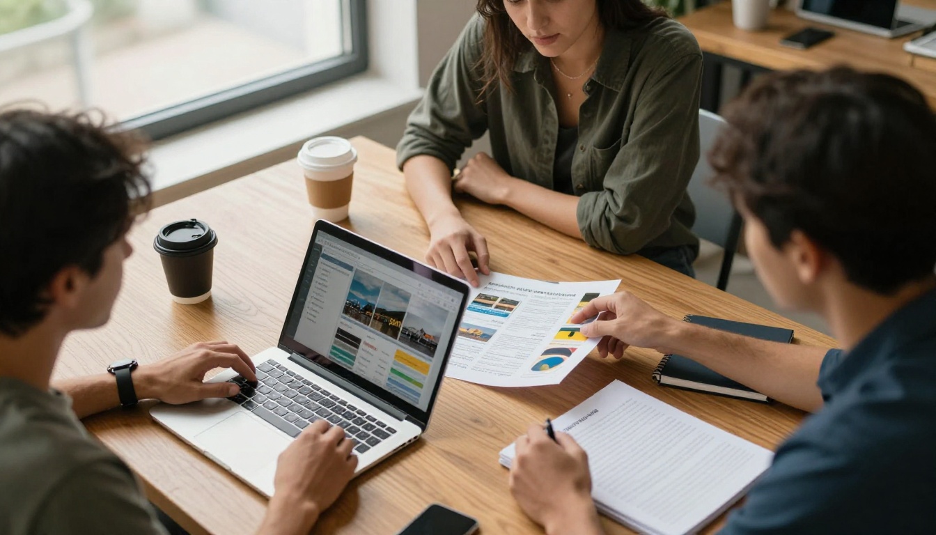 Three people reviewing a laptop and a printed catalog together Three people reviewing a laptop and a printed catalog together