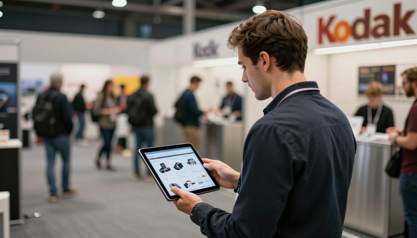 Sales representative showing a tablet catalog at a trade show Sales representative showing a tablet catalog at a trade show