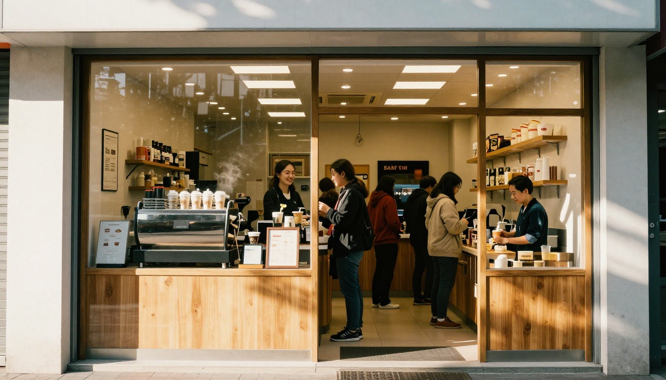 Franchise coffee shop storefront with staff and customers