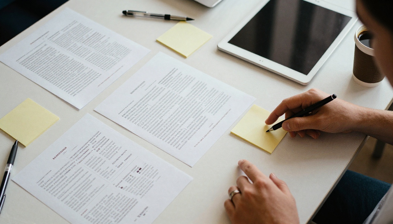 Overhead view of printed pages and notes on a conference table