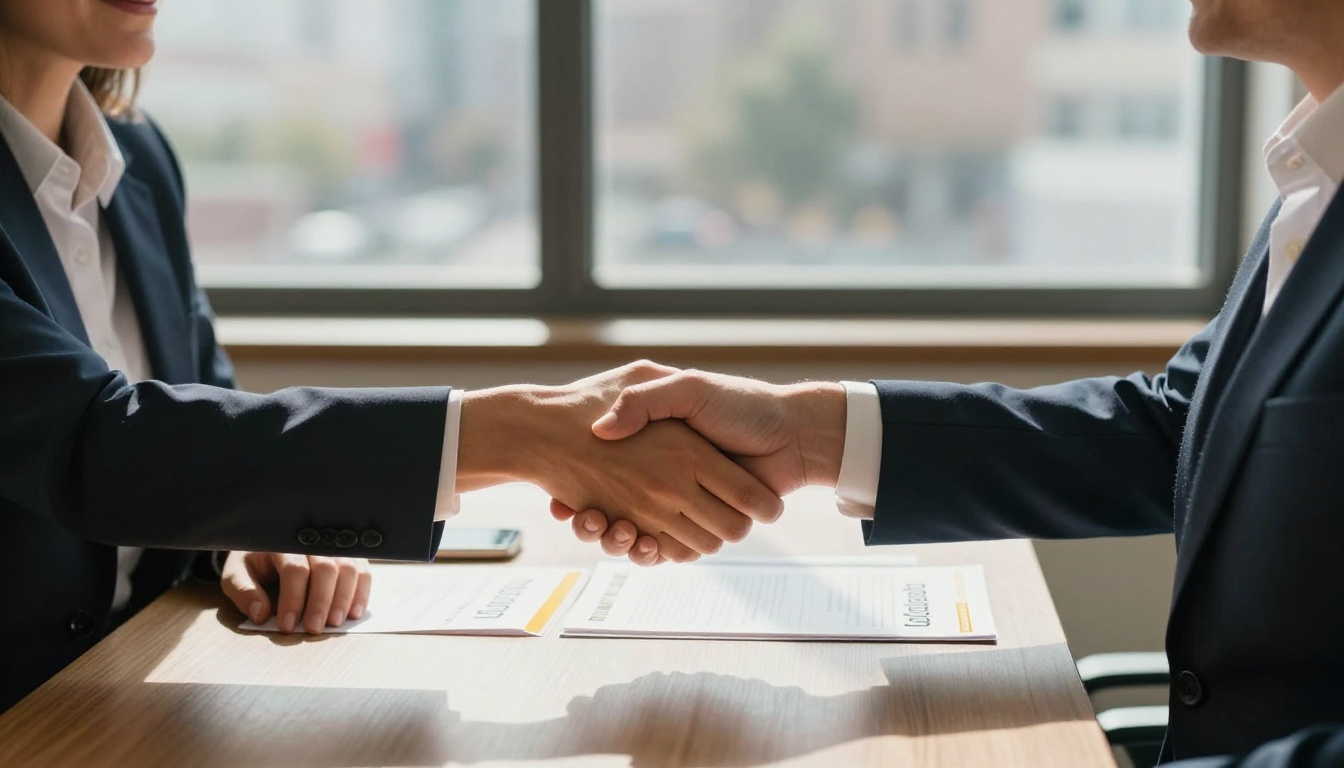 Franchisor and prospect shaking hands in a meeting room