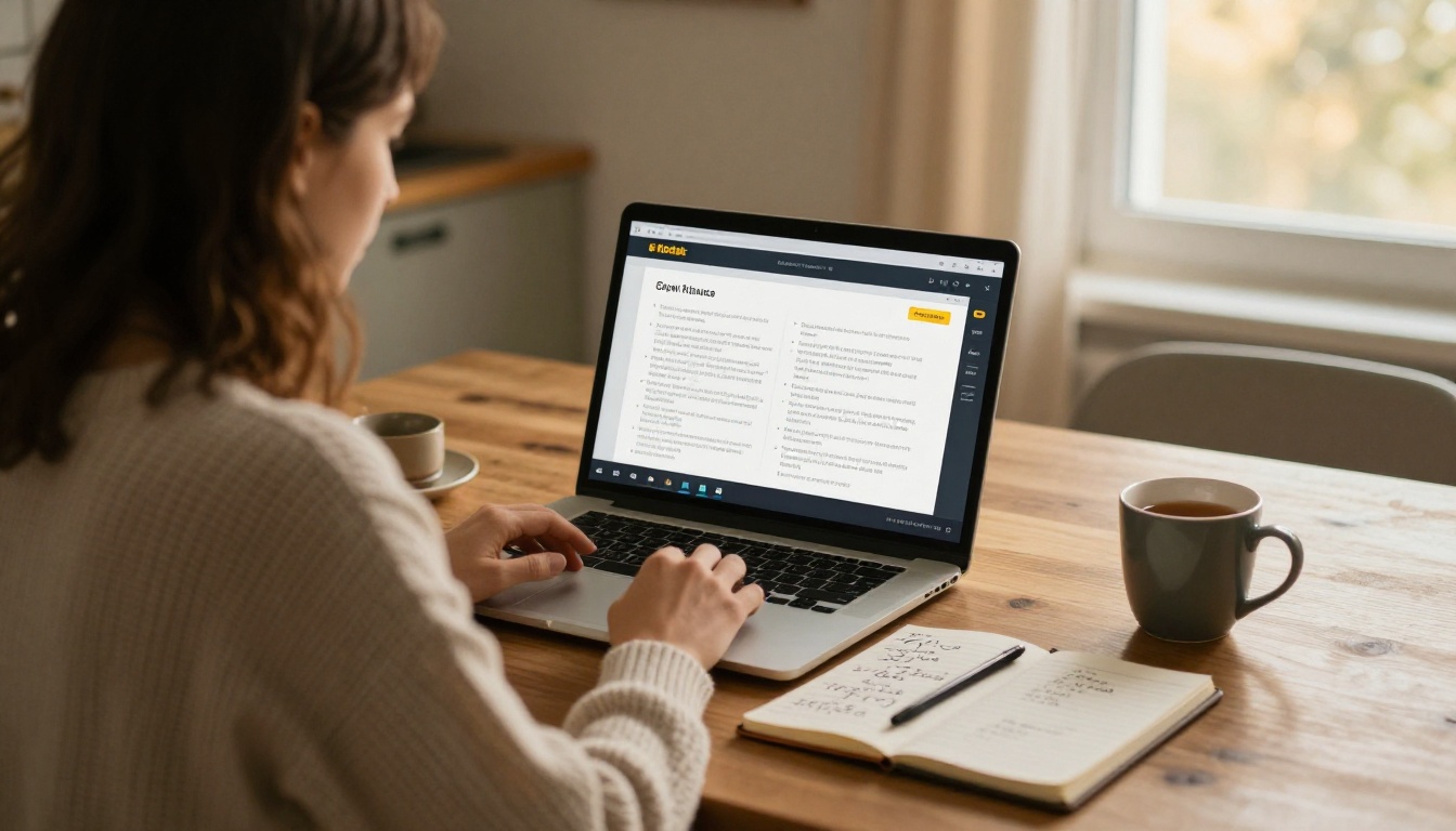 Woman reading a digital franchise brochure on a laptop at home