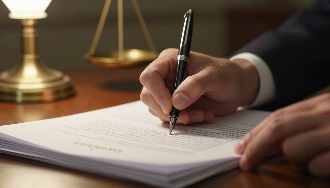 Hands signing a franchise agreement with a fountain pen