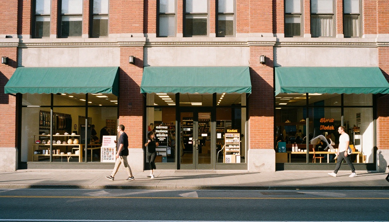 Row of franchise storefronts on a sunny street