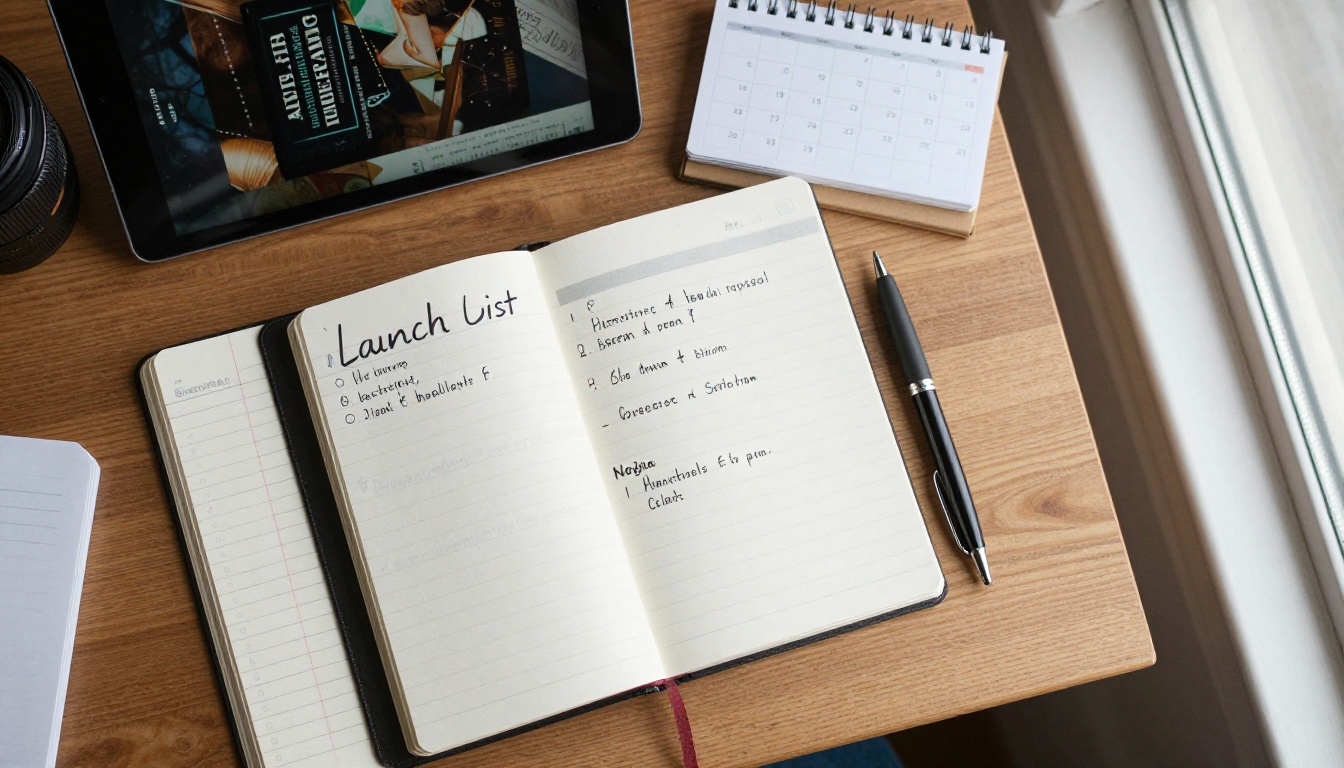 Overhead view of a launch checklist notebook, tablet and planner on a wooden desk