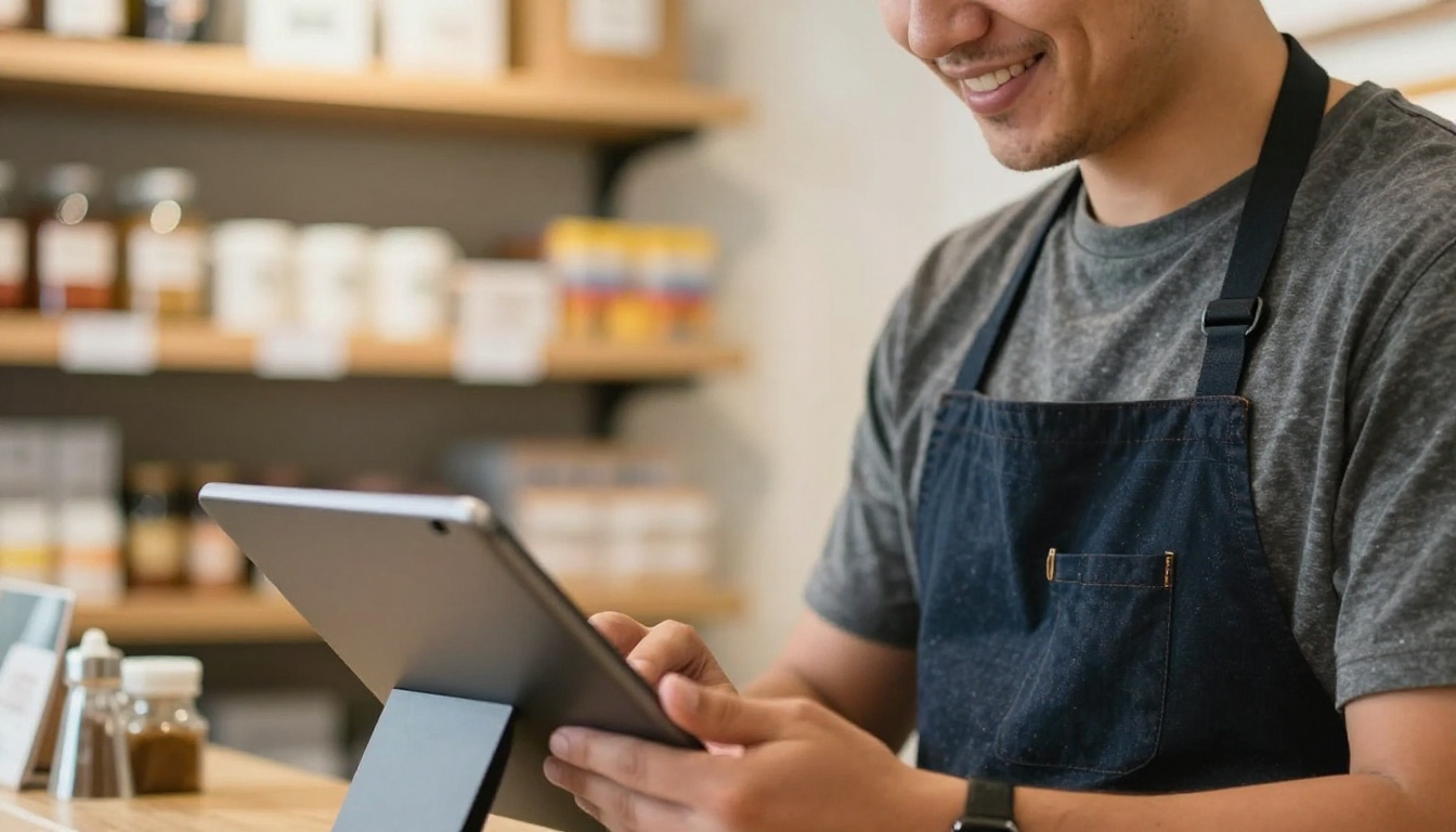 Franchise owner smiling while checking a tablet before opening
